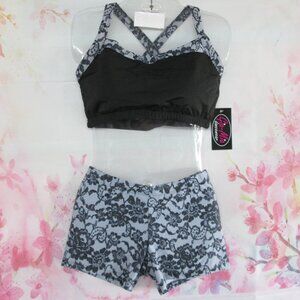 Sports Bra Crop Top & Shorts Set LA Large Adult Dance Yoga Fitness Black Grey